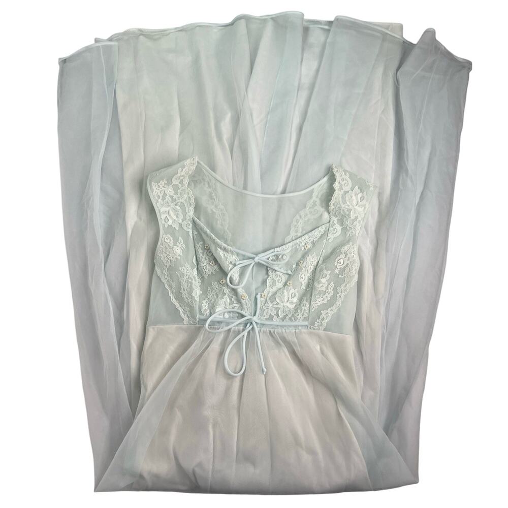 Vtg 60s Shadowline Nightgown Light Blue Sheer Nylon Chiffon Lace Empire Waist XS